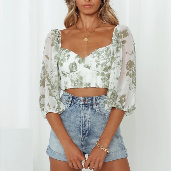 HELLO MOLLY Pretty Polly Green White Floral Tie Back Crop Top with Sleeves XS - Picture 11 of 13